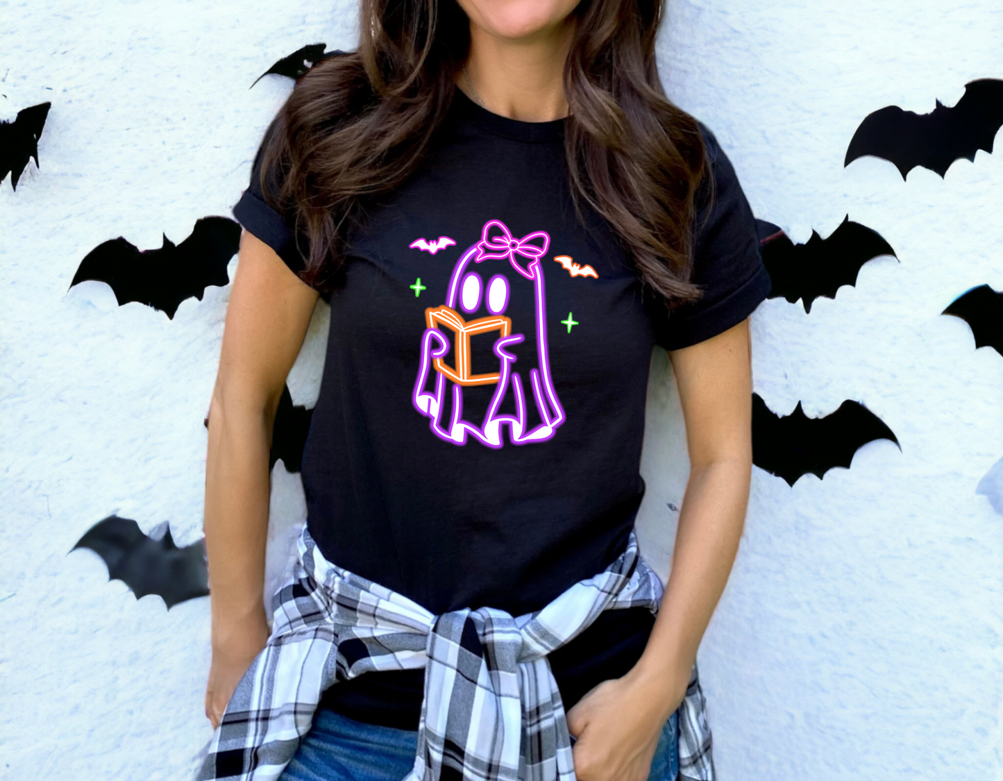 Cute Ghost with a Book Neon